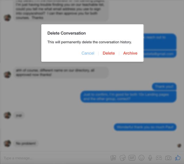 Facebook delete conversation modal