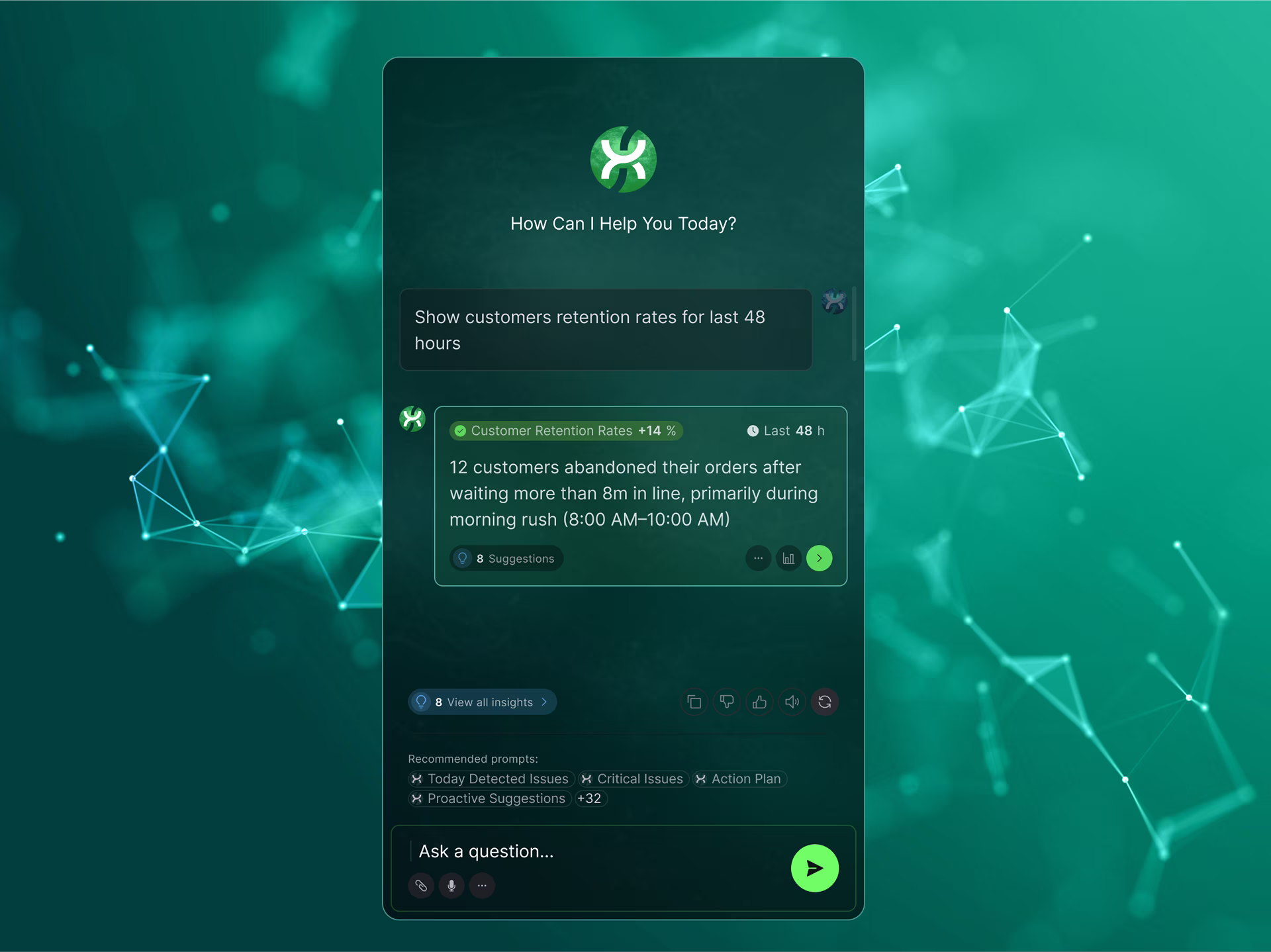 Components of a chatbot UI labelled by Fuselab Creative, showing message thread, input field, suggested prompts, confidence indicators, quick-reply buttons, and human handoff trigger